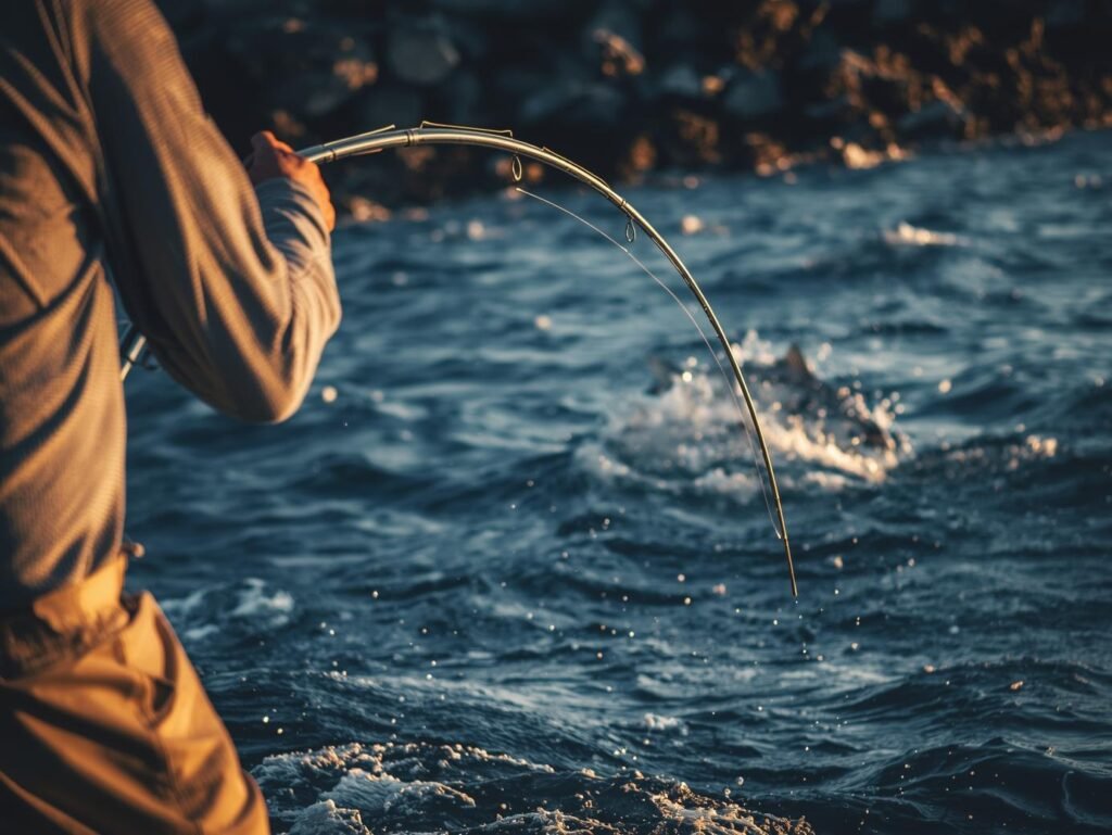 Angler fighting a large fish from a rocky shore, demonstrating the importance of correct fishing line strength.