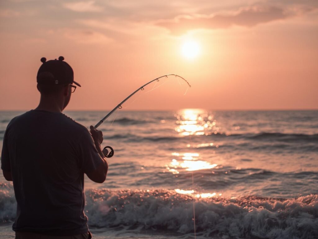 An angler surf fishing on a beach at sunrise, with a rod and reel that is properly spooled with strong braided line