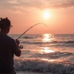 An angler surf fishing on a beach at sunrise, with a rod and reel that is properly spooled with strong braided line