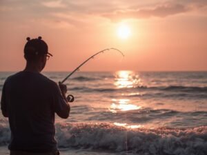 An angler surf fishing on a beach at sunrise, with a rod and reel that is properly spooled with strong braided line