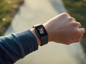 Close-up of the Fitbit Inspire 3 fitness tracker on a person's wrist, displaying the heart rate and stats screen, during a daytime walk.