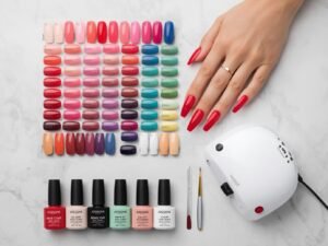 JODSONE 36 PCS gel nail polish set with 32 color bottles, base coat, and top coats arranged neatly for an at-home manicure.