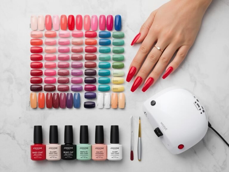 JODSONE 36 PCS gel nail polish set with 32 color bottles, base coat, and top coats arranged neatly for an at-home manicure.