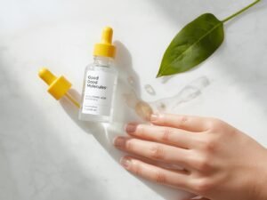 Good Molecules Hyaluronic Acid Serum bottle with dropper on a clean skincare shelf