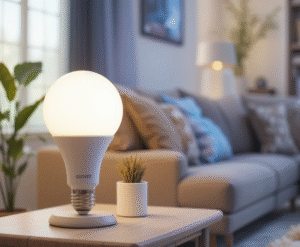Govee LED Smart Light Bulbs glowing in a modern living room lamp