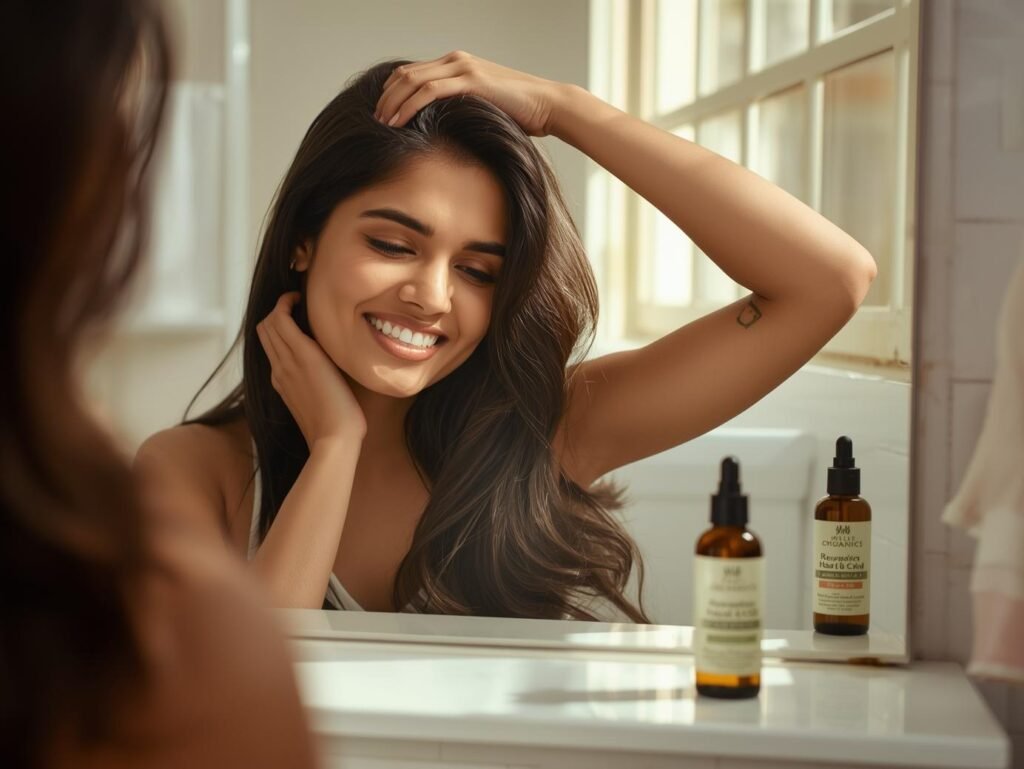 Woman massaging Mielle Organics Rosemary Mint Hair Oil into her scalp for hair growth
