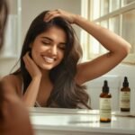 Woman massaging Mielle Organics Rosemary Mint Hair Oil into her scalp for hair growth