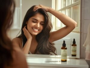Woman massaging Mielle Organics Rosemary Mint Hair Oil into her scalp for hair growth