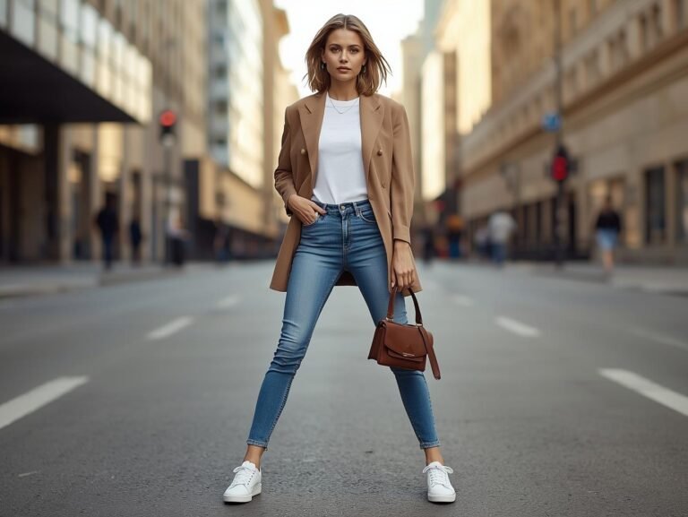 A woman casually styling an oversized blazer with jeans and a t-shirt, showcasing a modern, chic everyday outfit