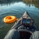 LUCKY Kayak Portable Fish Finder in use on a kayak, showing the handheld display and castable transducer in the water