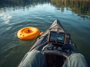 LUCKY Kayak Portable Fish Finder in use on a kayak, showing the handheld display and castable transducer in the water