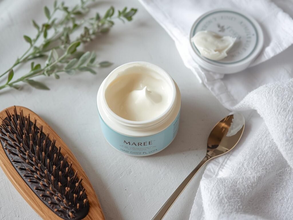 MAREE Deep Conditioning Hair Mask jar opened with creamy product visible, placed next to haircare tools
