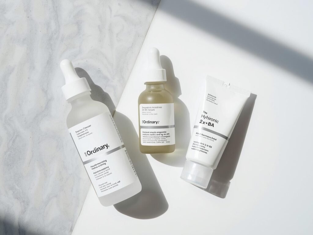 The Ordinary The Daily Set including Squalane Cleanser, Hyaluronic Acid serum, and Natural Moisturizing Factors cream arranged neatly for a minimalist skincare routine