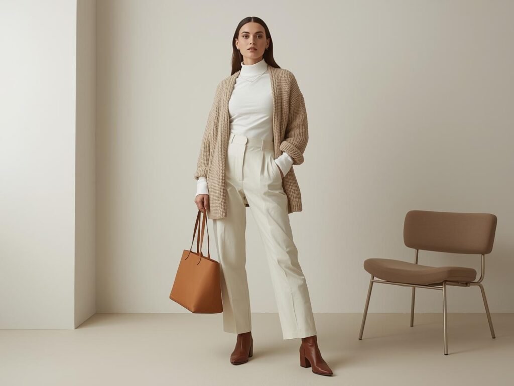 Minimalist winter outfit for women featuring an AUTOMET long sleeve shirt under a beige knit cardigan, paired with straight-leg trousers and ankle boots.