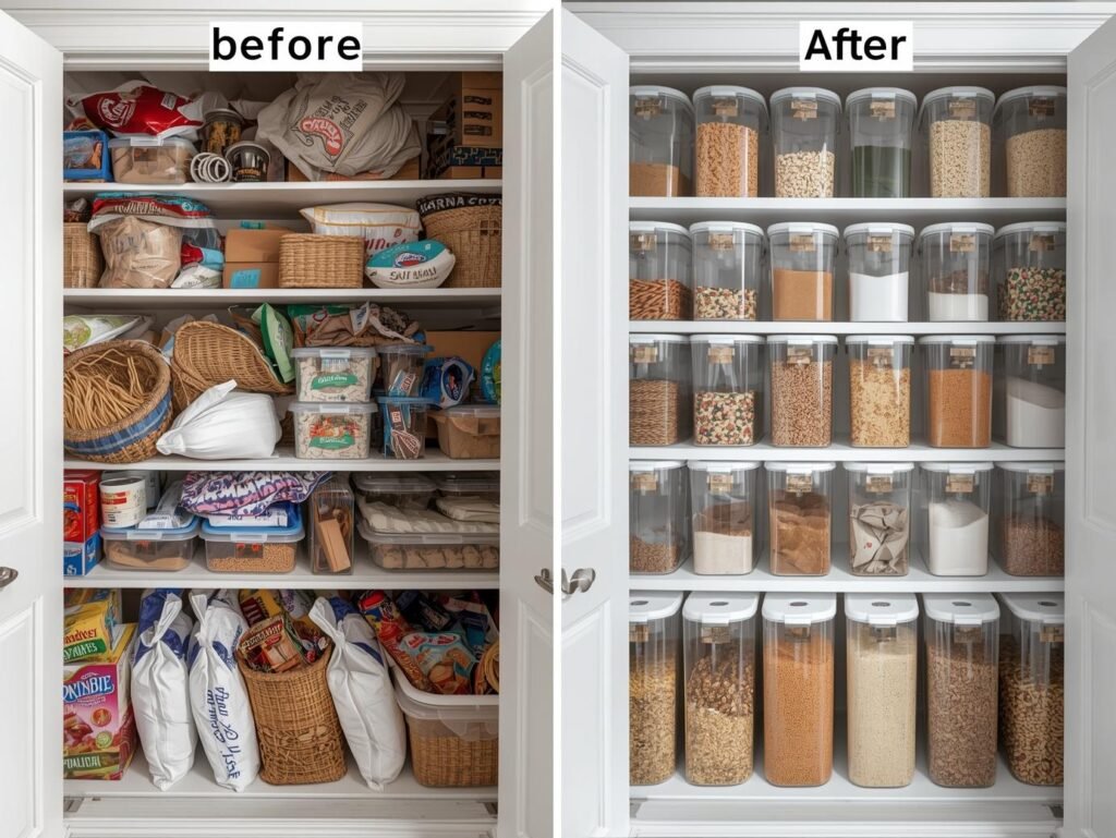 Before and after of a pantry organized with transparent airtight food storage containers, showing neat rows of labeled jars.