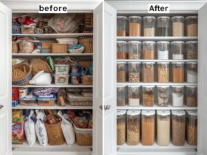 Before and after of a pantry organized with transparent airtight food storage containers, showing neat rows of labeled jars.