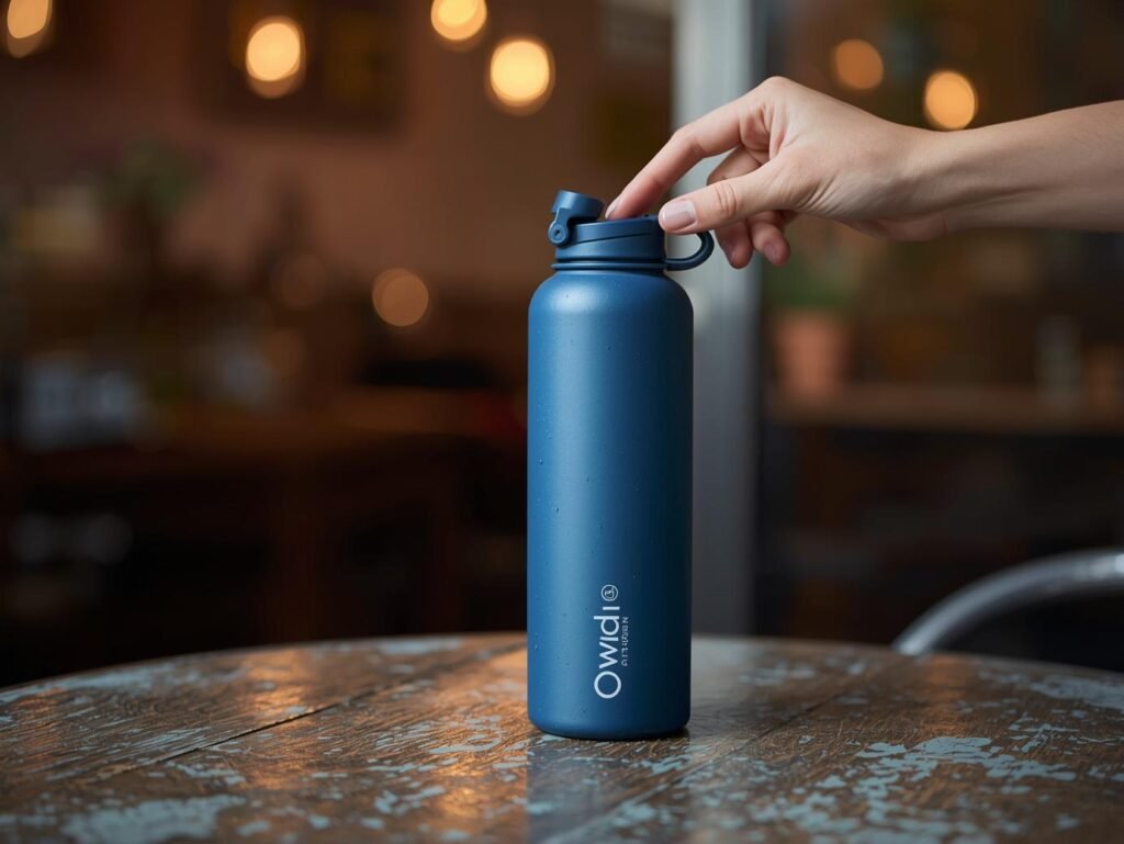 Denim blue Owala FreeSip insulated water bottle on a wooden table