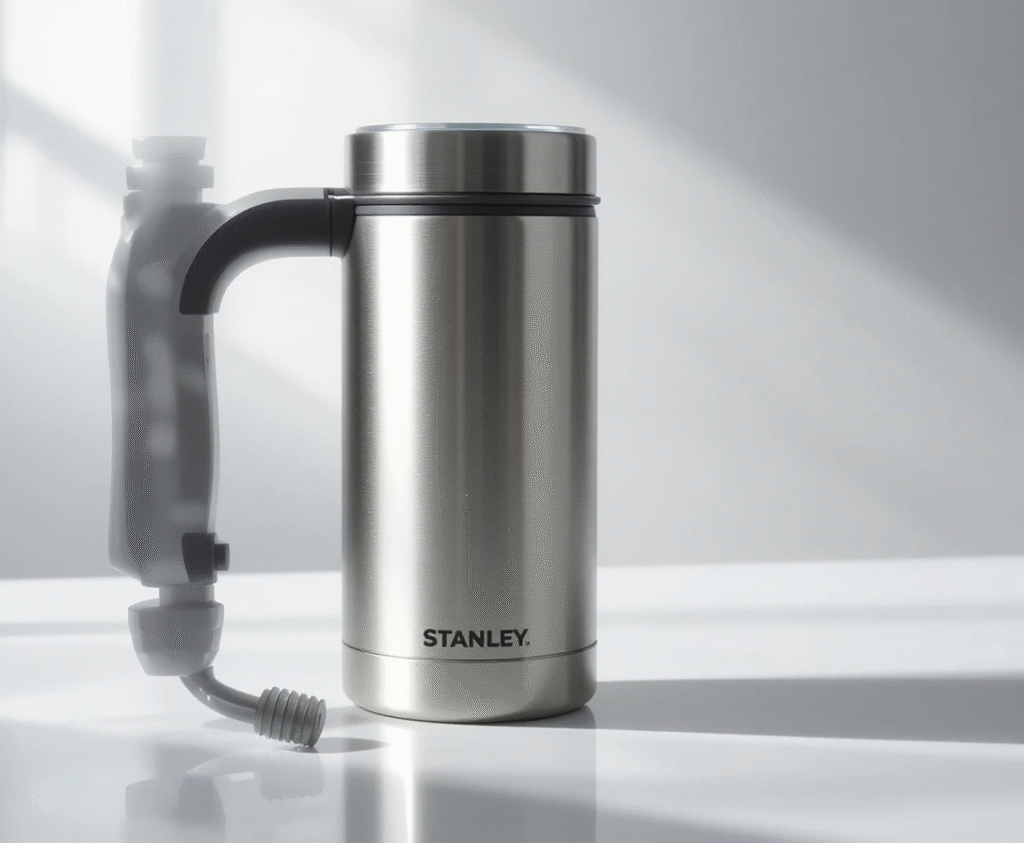 STANLEY Quencher ProTour tumbler showing ergonomic handle attached to the stainless steel body.