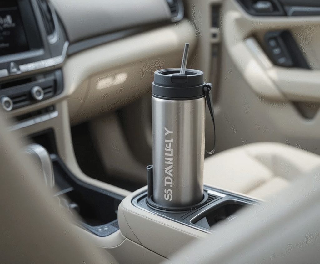 STANLEY Quencher ProTour tumbler sitting securely in a modern car cup holder.