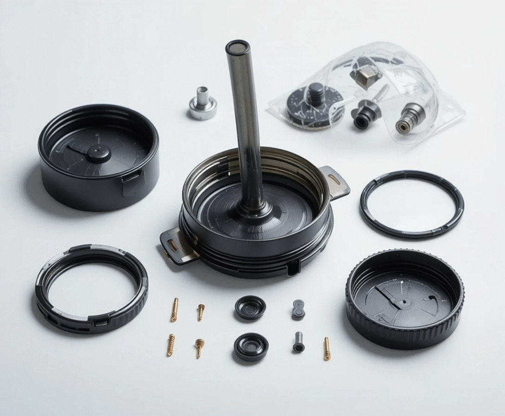 STANLEY Quencher ProTour flip straw lid fully disassembled for cleaning on white background.