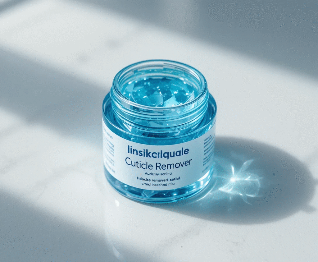Transparent blue cuticle remover gel bottle with white cap on white background, fast-drying nail treatment with aloe and chamomile
