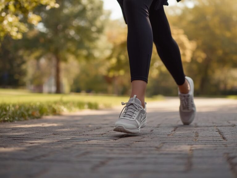 A woman wearing Skechers Summits Dazzling Haze hands-free sneakers in size 10, walking comfortably in a park setting