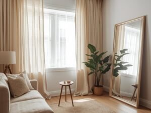 Small living room makeover with NICETOWN linen curtains, a mirror, and cozy decor on a budget