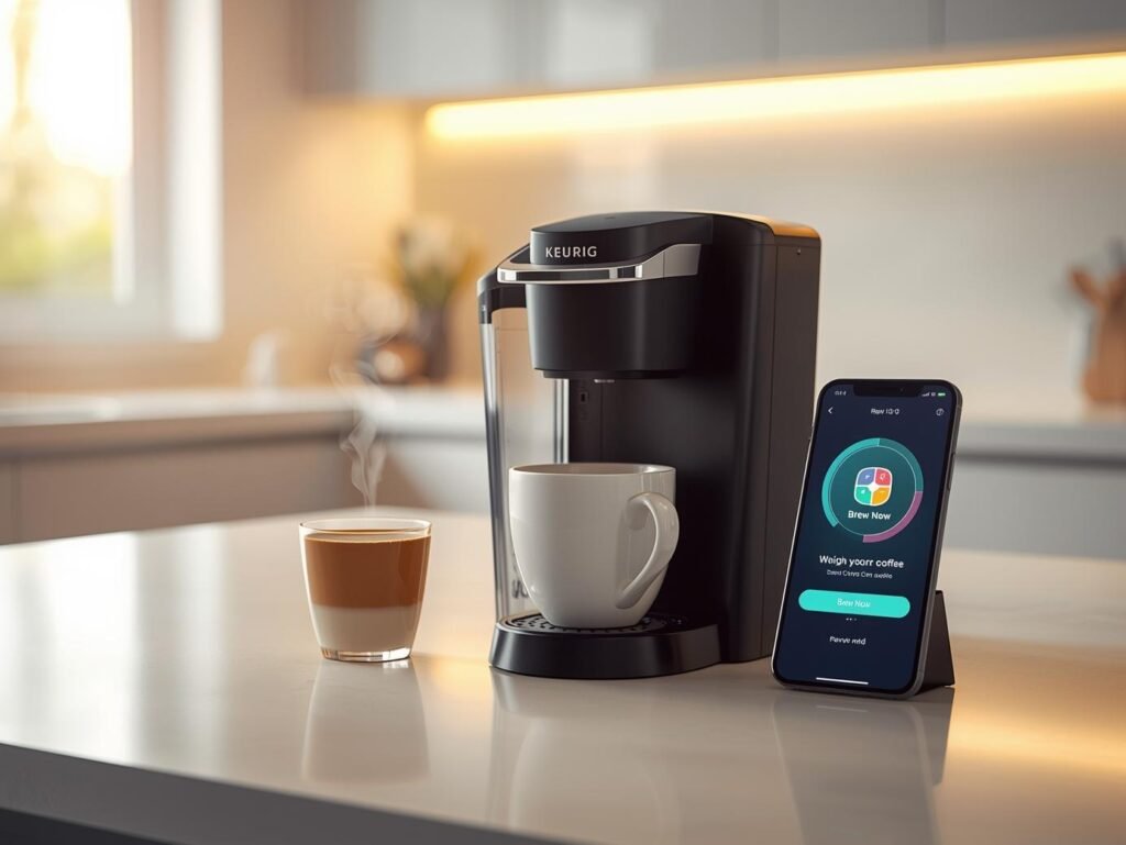 The Keurig K-Express coffee maker on a kitchen counter, with a smartphone displaying a smart coffee app next to it for comparison