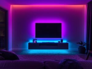 Modern living room with Govee RGBIC smart LED strip lights creating a purple and blue gradient mood lighting behind TV and shelves.