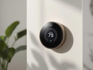 Amazon Smart Thermostat installed on wall with old HVAC system in background