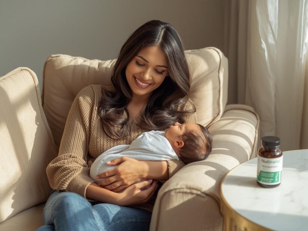 A happy new mother holding her baby, showcasing healthy hair as a result of natural postpartum hair loss remedies and Nutrafol supplements.