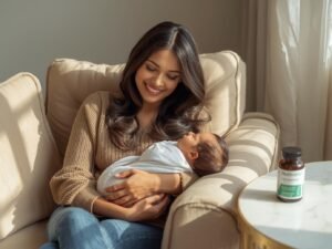 A happy new mother holding her baby, showcasing healthy hair as a result of natural postpartum hair loss remedies and Nutrafol supplements.