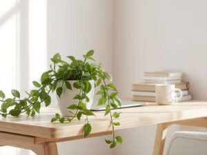 A modern living room desk decorated with a Mkono fake pothos plant in a white ceramic pot, books, and a laptop