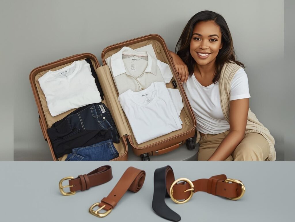 Versatile travel capsule wardrobe for women with neutral clothing and a 3-pack of gold buckle belts laid out on a suitcase.