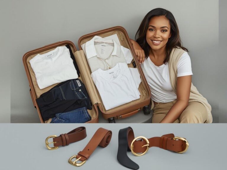 Versatile travel capsule wardrobe for women with neutral clothing and a 3-pack of gold buckle belts laid out on a suitcase
