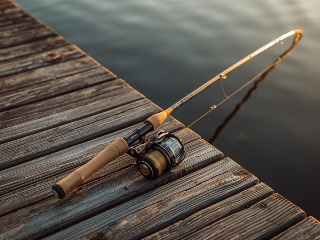 The Ugly Stik Dock Runner spinning rod and reel combo, a best beginner fishing combo for 2025, shown on a dock near water.