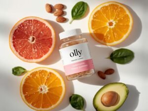 Olly Undeniable Beauty Gummies bottle next to sliced grapefruit and other fresh fruits rich in vitamins for skin glow.