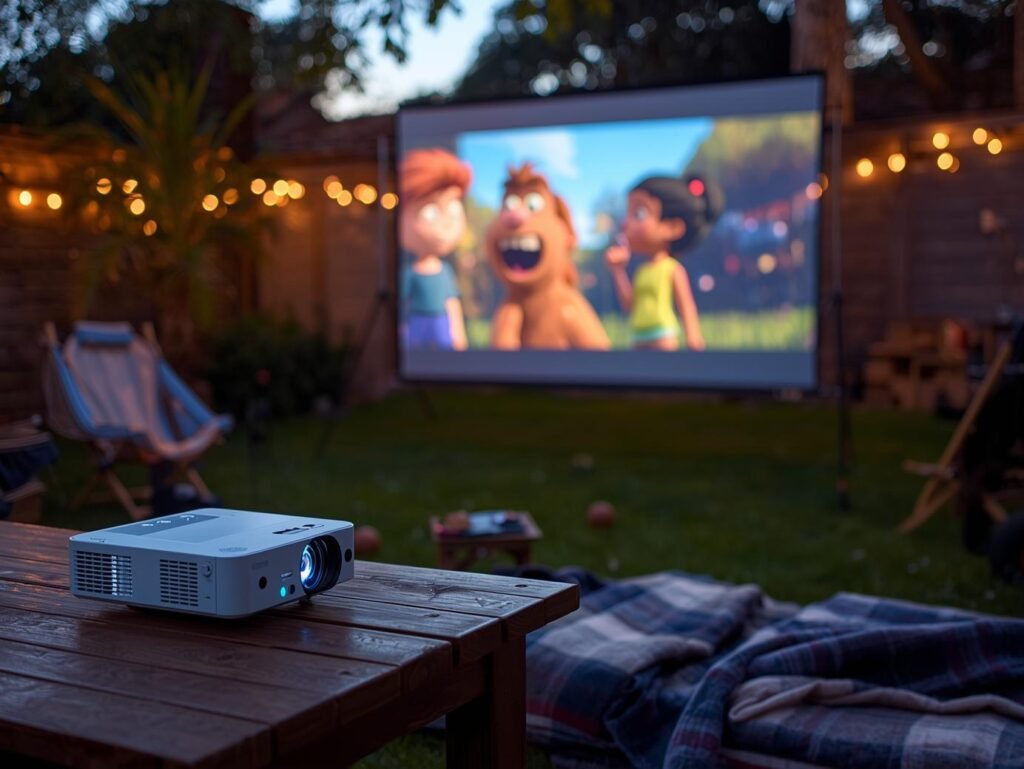 WiFi and Bluetooth projector showing a movie on a backyard screen during an outdoor movie night