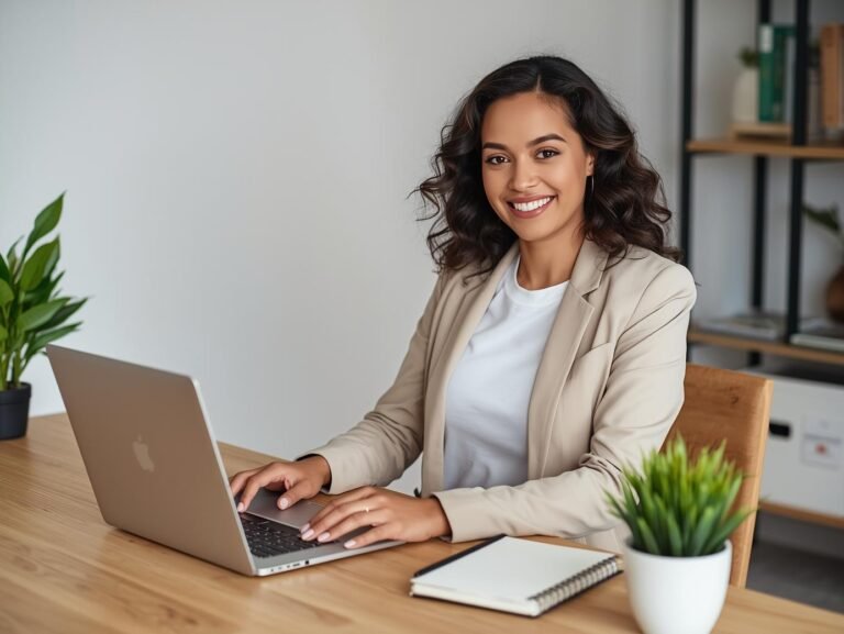 A woman smiling while working from home, wearing a comfortable beige Cicy Bell open front blazer over a white t-shirt.