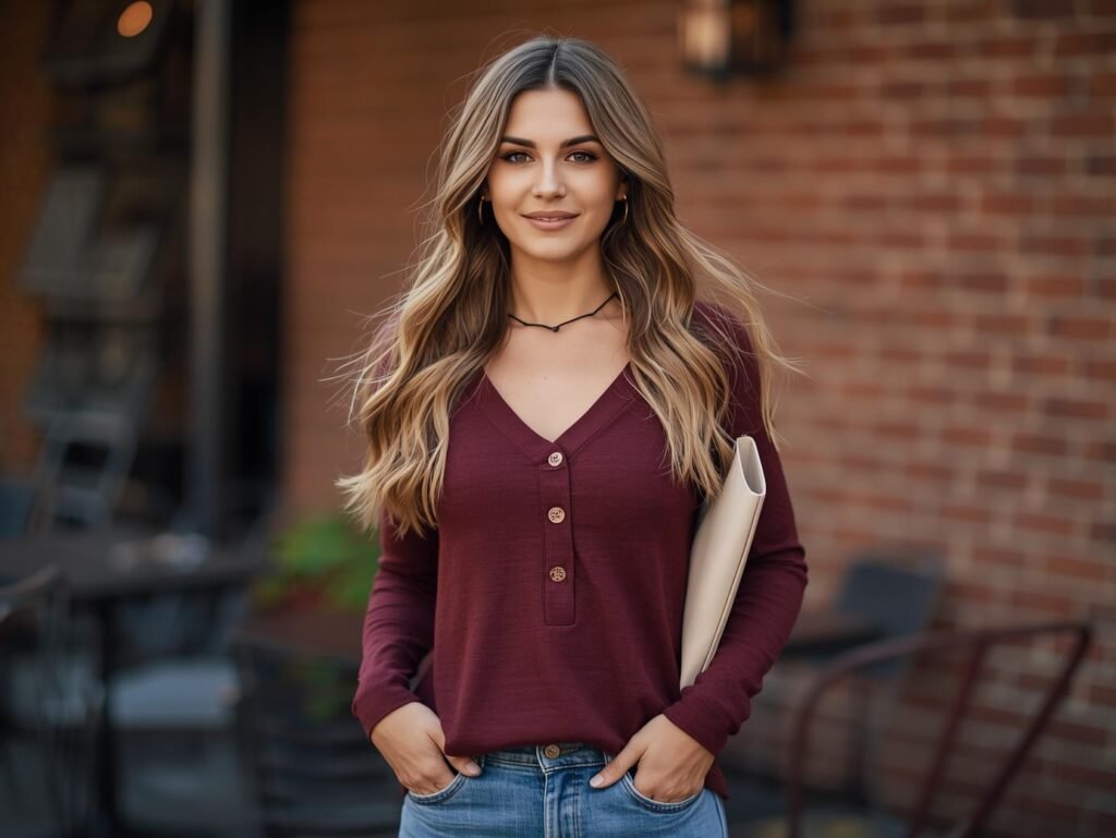 “AUTOMET women’s long sleeve Henley blouse, 2025 fall fashion dressy casual top, cute work outfit, trendy and comfortable clothing for women.