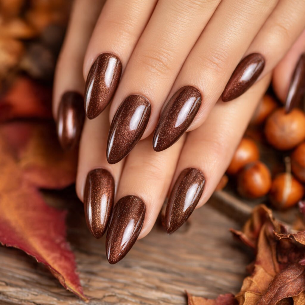 BTArtbox almond press on nails brown chrome chocolate glazed design fall nails medium length with nail glue in 15 sizes