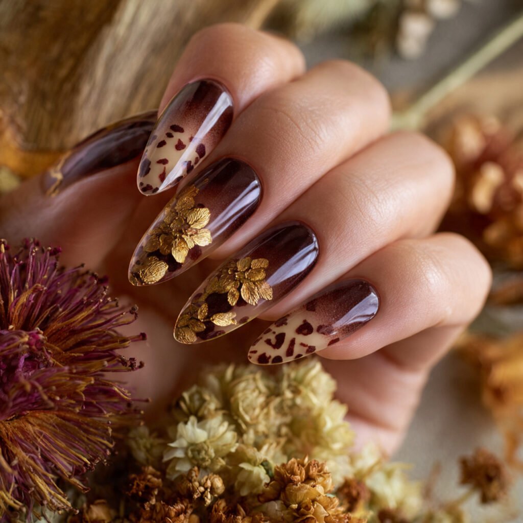 Medium almond press on nails with 3D brown gold flowers, tortoiseshell leopard French tip, and blossom gradient design for fall autumn season