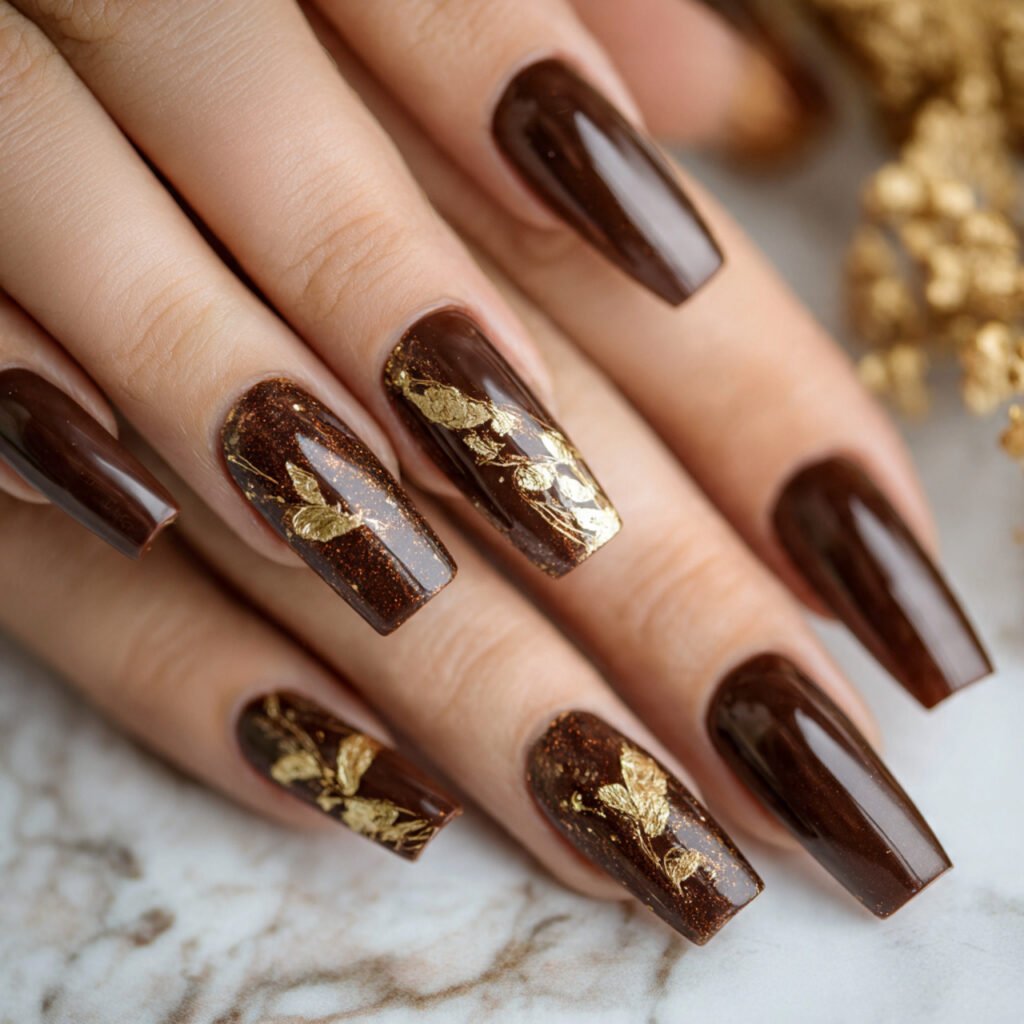 Dark brown press on nails short square shape with gold leaf accents glitter design glossy acrylic look 30pcs reusable fake nails