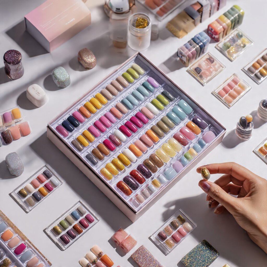 FANDAMEI press on nails kit with 576 pieces in 24 colors showing short square and round shapes with matte, glossy, and glitter finishes