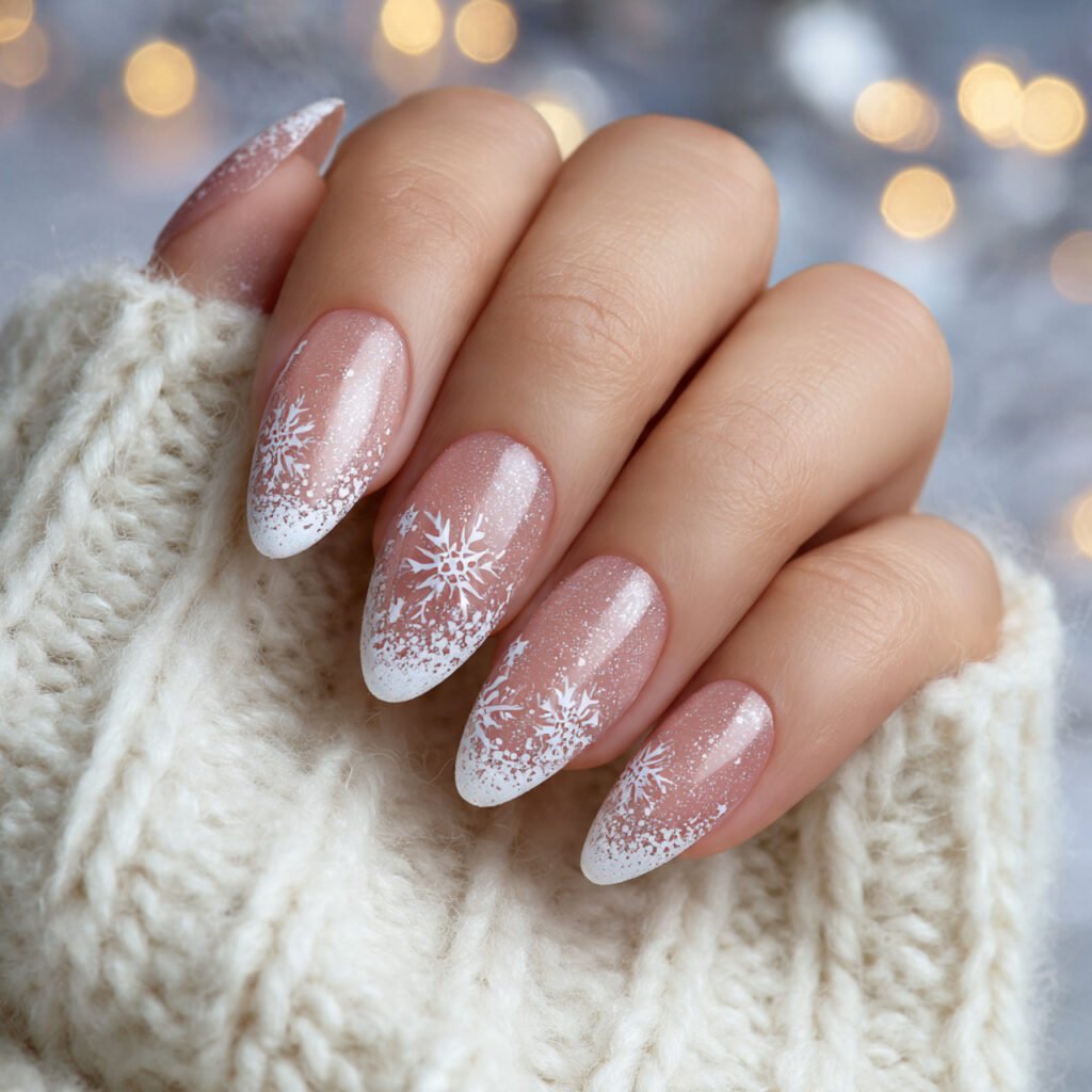 Glamnetic Sweater Weather press on nails short almond shape with white glitter French tips and 3D winter designs in glossy finish