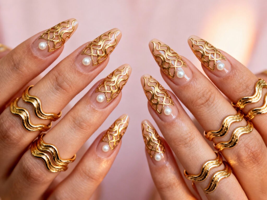 Woman's hand with elegant cranberry and gold leaf Thanksgiving nail art against a soft autumn background.