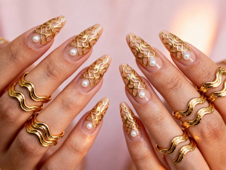 Woman's hand with elegant cranberry and gold leaf Thanksgiving nail art against a soft autumn background.