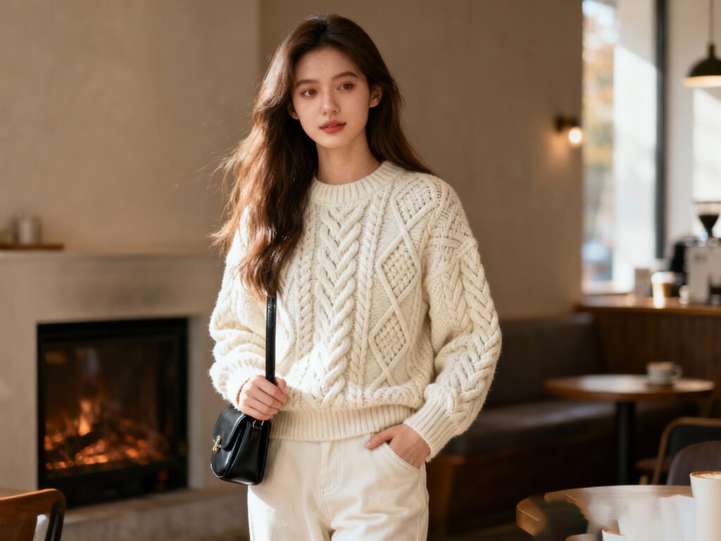 Trendy Queen women’s oversized cable knit crewneck sweater, cozy warm knit pullover for fall and winter, casual 2025 fashion outfit.