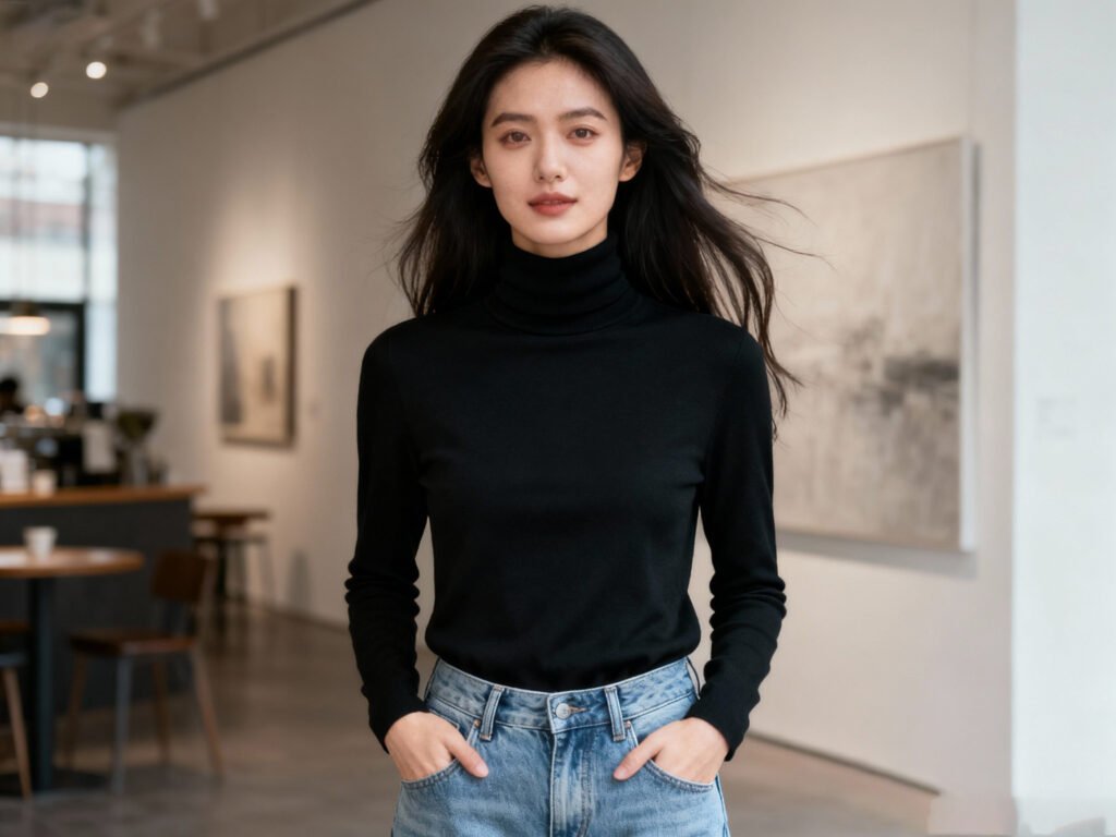 Trendy Queen women's turtleneck long sleeve top for fall and winter fashion. Soft thermal basic undershirt for layering, warm cozy fabric, stylish 2025 winter outfit