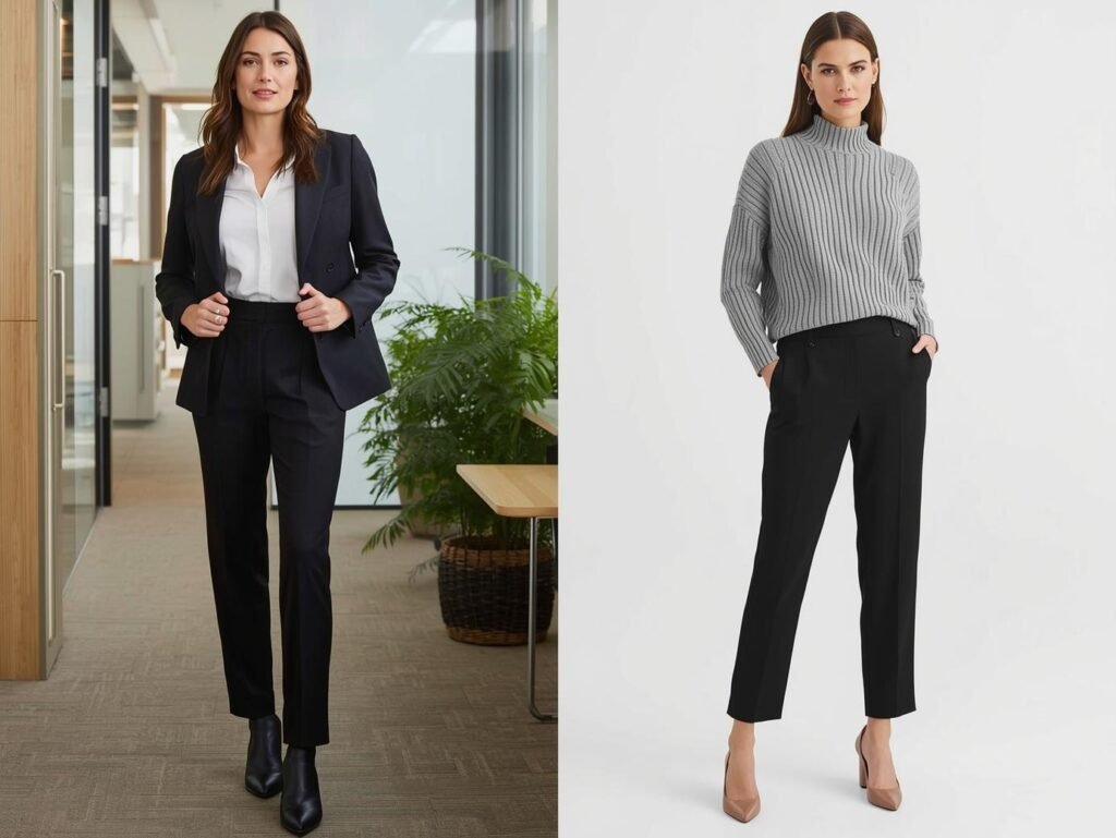 A professional woman wearing stylish black Iuga dress pants in an office